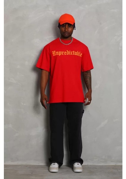 Unisex Oversize Baskılı Bisiklet Yaka T-Shirt - Kırmızı