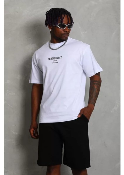 Unisex Oversize Baskılı Bisiklet Yaka T-Shirt - Beyaz modelleri