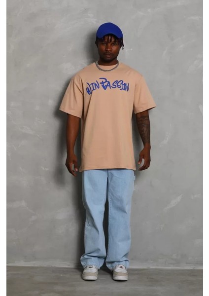 Unisex Oversize Baskılı Bisiklet Yaka T-Shirt - Bej fiyatları