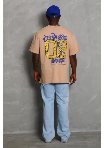 Unisex Oversize Baskılı Bisiklet Yaka T-Shirt - Bej modelleri