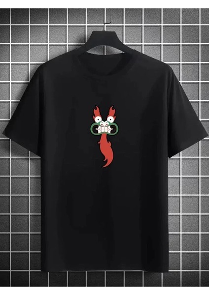 Unisex Bisiklet Yaka Baskılı Oversize T-Shirt - Siyah