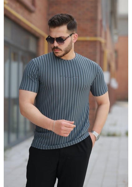 Erkek Dikey Çizgili Ottoman Kumaş Kısa Kollu T-Shirt