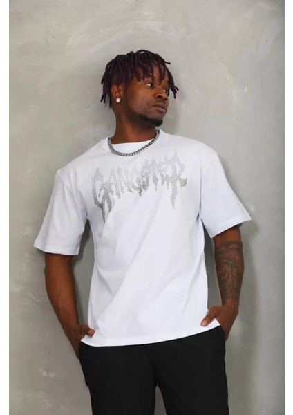 Unisex Oversize Taşlı Bisiklet Yaka T-Shirt - Beyaz