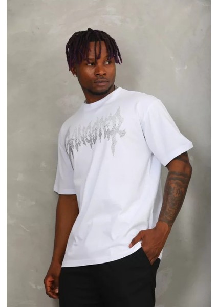 Unisex Oversize Taşlı Bisiklet Yaka T-Shirt - Beyaz modelleri