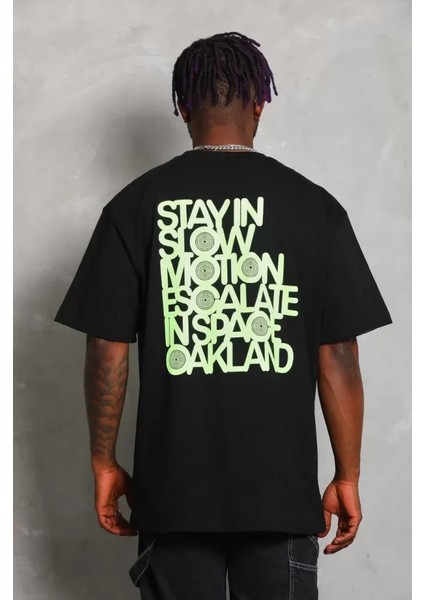 Unisex Oversize Baskılı Bisiklet Yaka T-Shirt - Siyah fırsatları