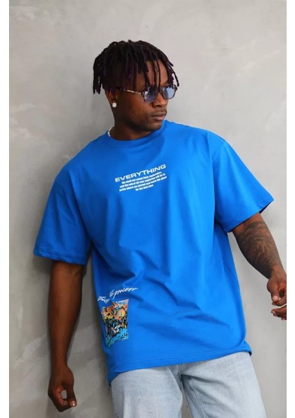 Unisex Bisiklet Yaka Baskılı Oversize T-Shirt - Mavi fiyatları