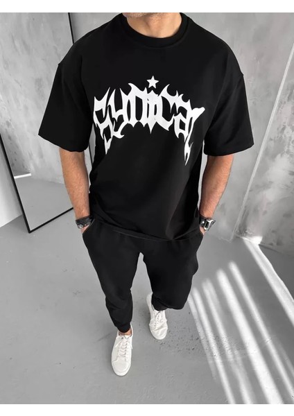 Unisex Bisiklet Yaka Baskılı Oversize T-Shirt - Siyah