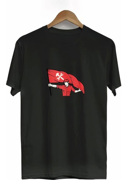 1 Mayıs Emekçilerimiz Için Özel Tasarım Bayraklı Emekçi Baskılı T-Shirt - Siyah