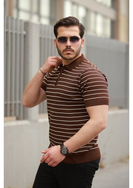 Erkek Fermuar Yakalı Çizgili Kısa Kollu T-Shirt fiyatları