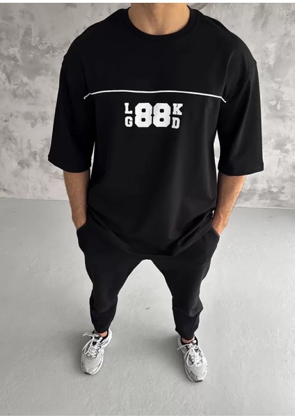 Unisex Bisiklet Yaka Baskılı Oversize T-Shirt - Siyah