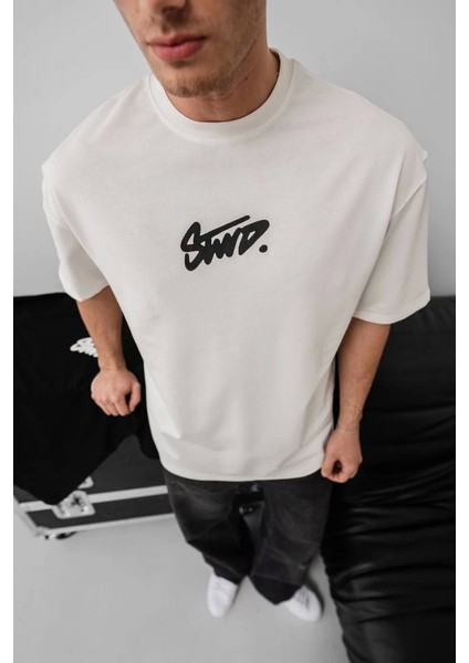 Erkek Baskılı Oversize T-Shirt - Beyaz modelleri