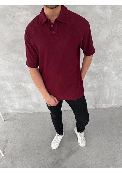 Yakalı Patlı Kısa Kol T-Shirt - Bordo modelleri