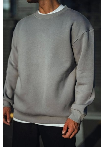 Kışlık Bisiklet Yaka Üç Iplik Basic Sweatshirt - Boyalı Gri