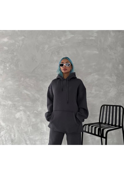 Kapşonlu Üç Iplik Penye Basic Sweatshirt - Füme fiyatları