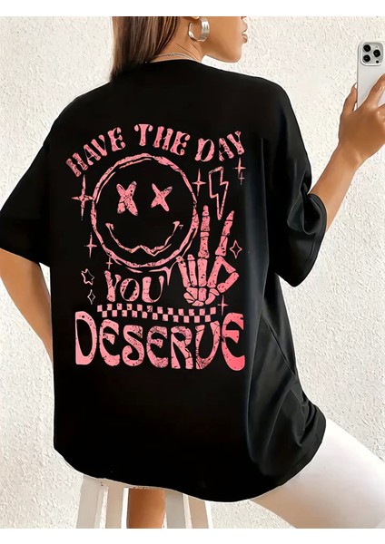 Baskılı Oversize Bisiklet Yaka T-Shirt - Siyah