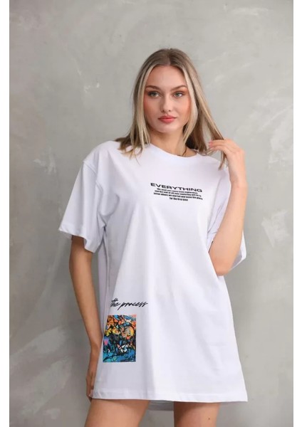 Unisex Bisiklet Yaka Baskılı Oversize T-Shirt - Beyaz modelleri