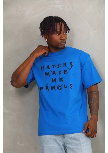 Unisex Oversize Baskılı Bisiklet Yaka T-Shirt - Mavi fiyatları