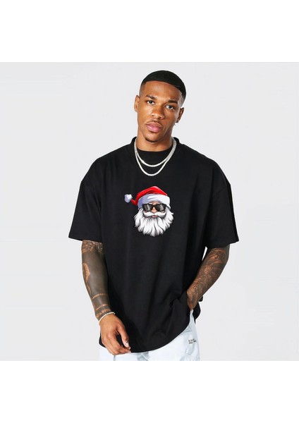 Gözlüklü Noel Baba T-Shirt - Siyah