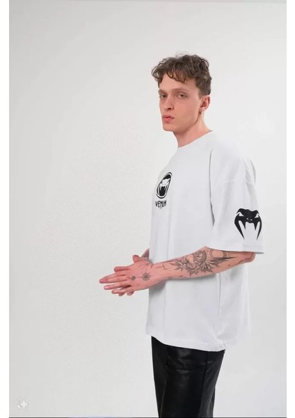 Unisex Bisiklet Yaka Baskılı Oversize T-Shirt - Beyaz fırsatları