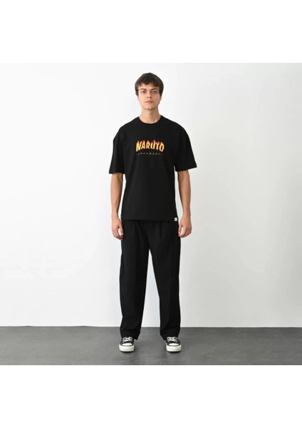 Unisex Bisiklet Yaka Baskılı Oversize T-Shirt - Siyah