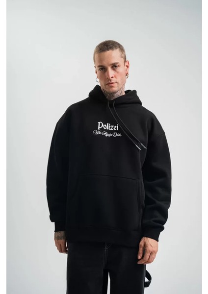Polızeı Premium Kalite Kapşonlu Dijital Patchli Sweatshirt - Siyah