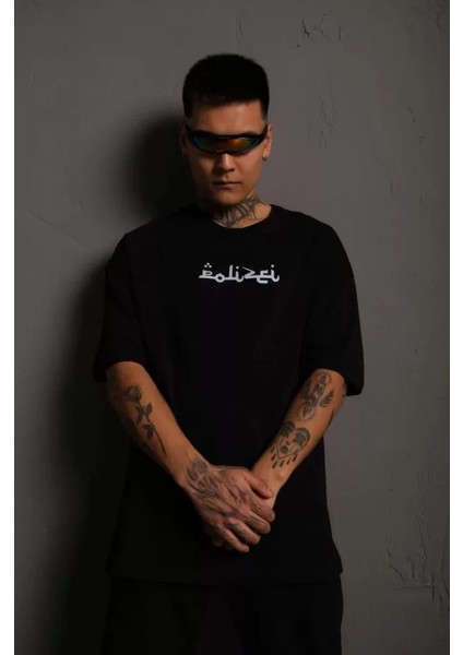 Erkek Bisiklet Yakalı Sırt Baskılı Oversize T-Shirt - Siyah fiyatları
