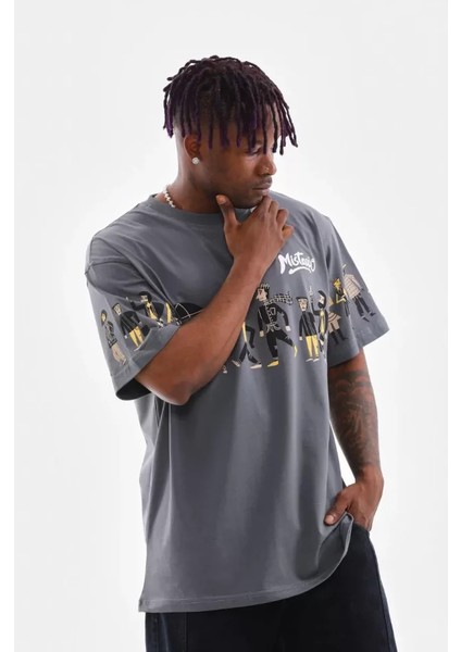 Unisex Bisiklet Yaka Baskılı Oversize T-Shirt - Gri fırsatları