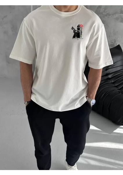 Unisex Bisiklet Yaka Baskılı Oversize T-Shirt - Beyaz