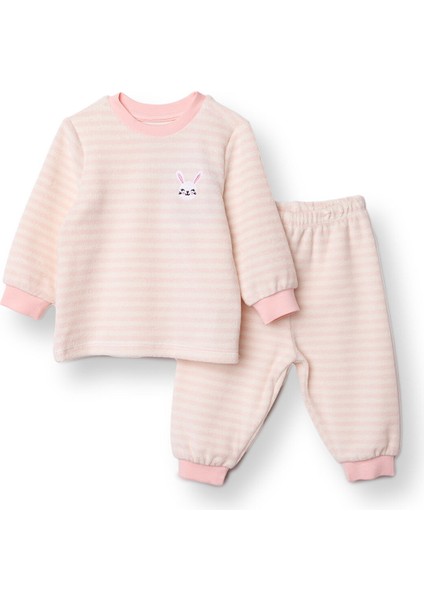 Kız Bebek Kadife Pijama Takımı Kadife Bisiklet Yaka Uzun Kol Ribanalı Paça