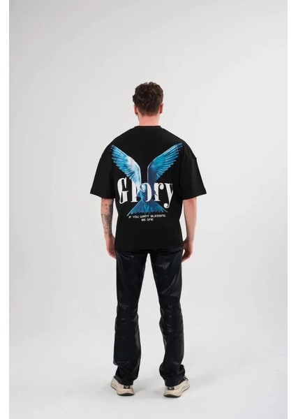 Unisex Bisiklet Yaka Baskılı Oversize T-Shirt - Siyah fırsatları