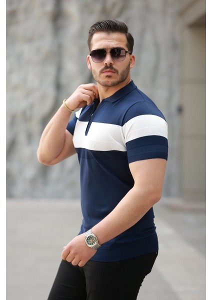 Erkek Fermuar Yakalı Şerit Renk Desenli Kısa Kollu Tişört fiyatları