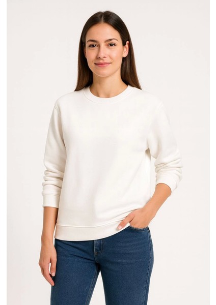 Üç Iplik Düz Bisiklet Yaka Sweatshirt - Beyaz