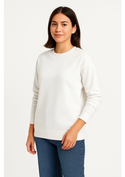 Üç Iplik Düz Bisiklet Yaka Sweatshirt - Beyaz fırsatları