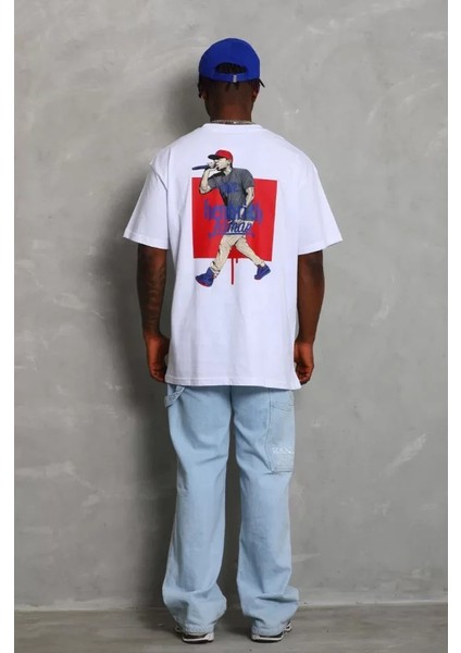 Unisex Oversize Baskılı Bisiklet Yaka T-Shirt - Beyaz