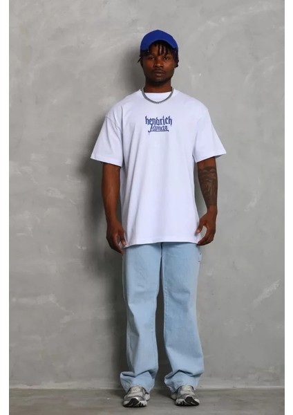 Unisex Oversize Baskılı Bisiklet Yaka T-Shirt - Beyaz fiyatları