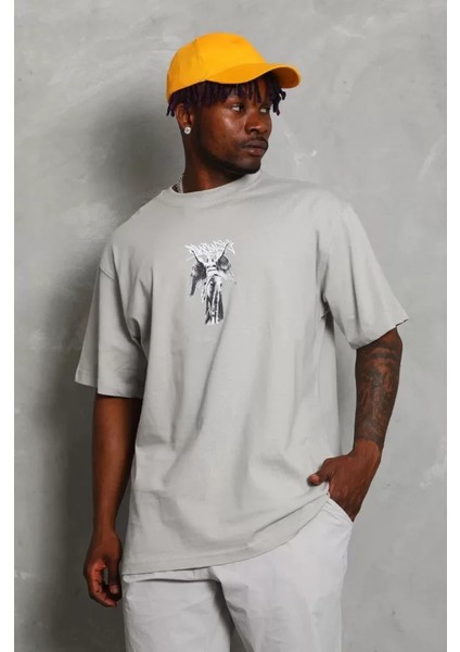 Unisex Oversize Baskılı Bisiklet Yaka T-Shirt - Gri