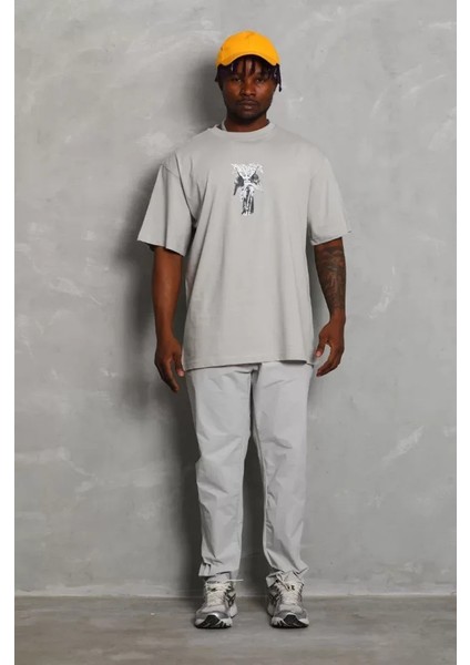 Unisex Oversize Baskılı Bisiklet Yaka T-Shirt - Gri modelleri