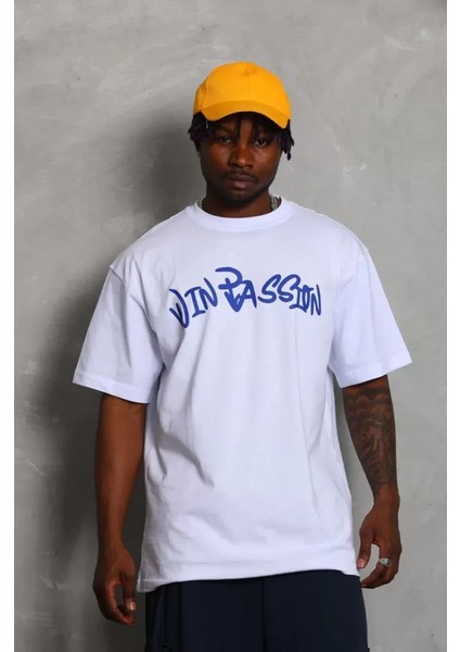 Unisex Oversize Baskılı Bisiklet Yaka T-Shirt - Beyaz modelleri