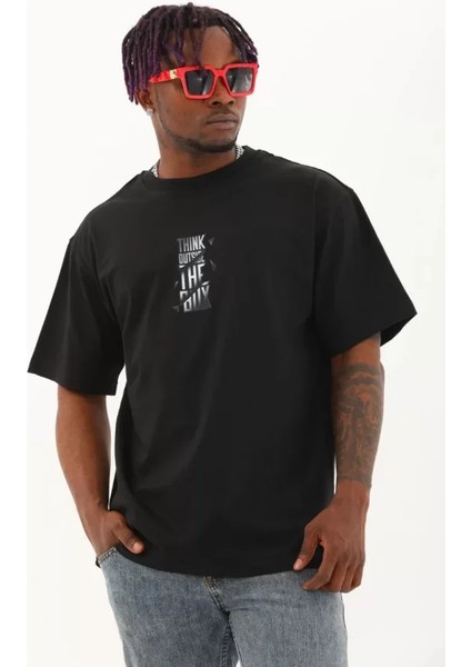 Unisex Oversize Baskılı Bisiklet Yaka T-Shirt - Siyah