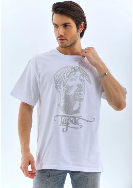 Unisex Oversize Taşlı Bisiklet Yaka T-Shirt - Beyaz fırsatları