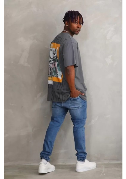 Unisex Baskılı Oversize T-Shirt - Füme fırsatları