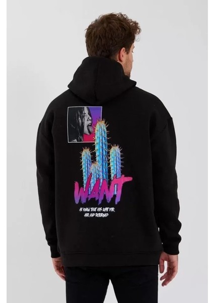 Erkek Baskılı Üç Iplik Kapüşonlu Oversize Sweatshirt - Siyah