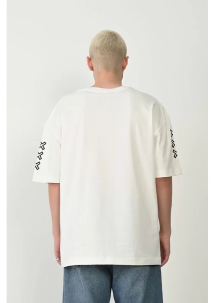 Unisex Baskılı Bisiklet Yaka Oversize T-Shirt - Beyaz fiyatları