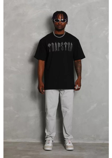 Unisex Oversize Taşlı Bisiklet Yaka T-Shirt - Siyah fırsatları