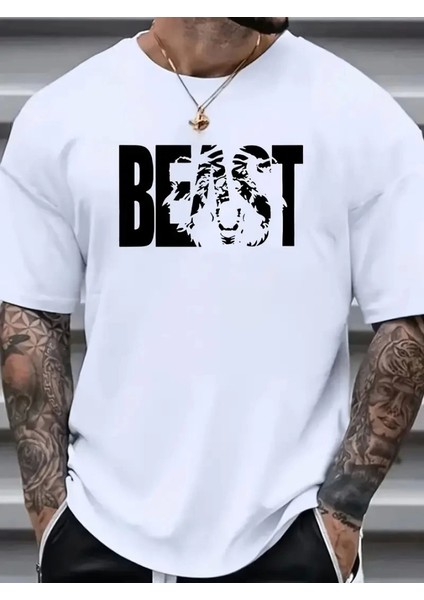 Baskılı Oversize Bisiklet Yaka T-Shirt - Beyaz