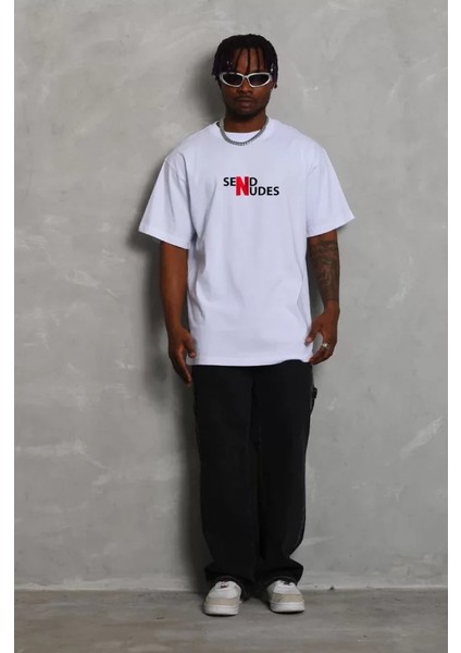 Unisex Bisiklet Yaka Double Oversize Baskılı T-Shirt - Beyaz fiyatları