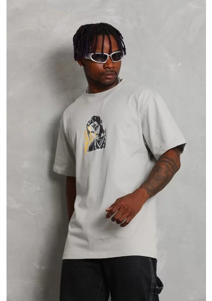 Unisex Oversize Baskılı Bisiklet Yaka T-Shirt - Gri fiyatları