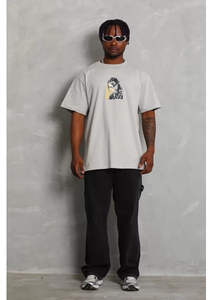 Unisex Oversize Baskılı Bisiklet Yaka T-Shirt - Gri modelleri