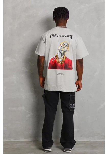 Unisex Oversize Baskılı Bisiklet Yaka T-Shirt - Gri fırsatları