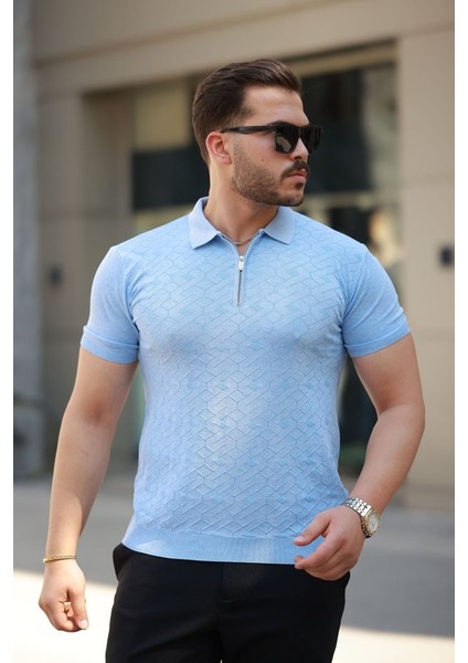 Erkek Fermuar Yakalı Baklava Desen Kısa Kollu Gömlek